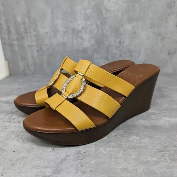 Italian Shoemaker Yellow Sparkling Wedge Heeled Sandals Size 7.5 Made in Italy - Picture 1 of 7